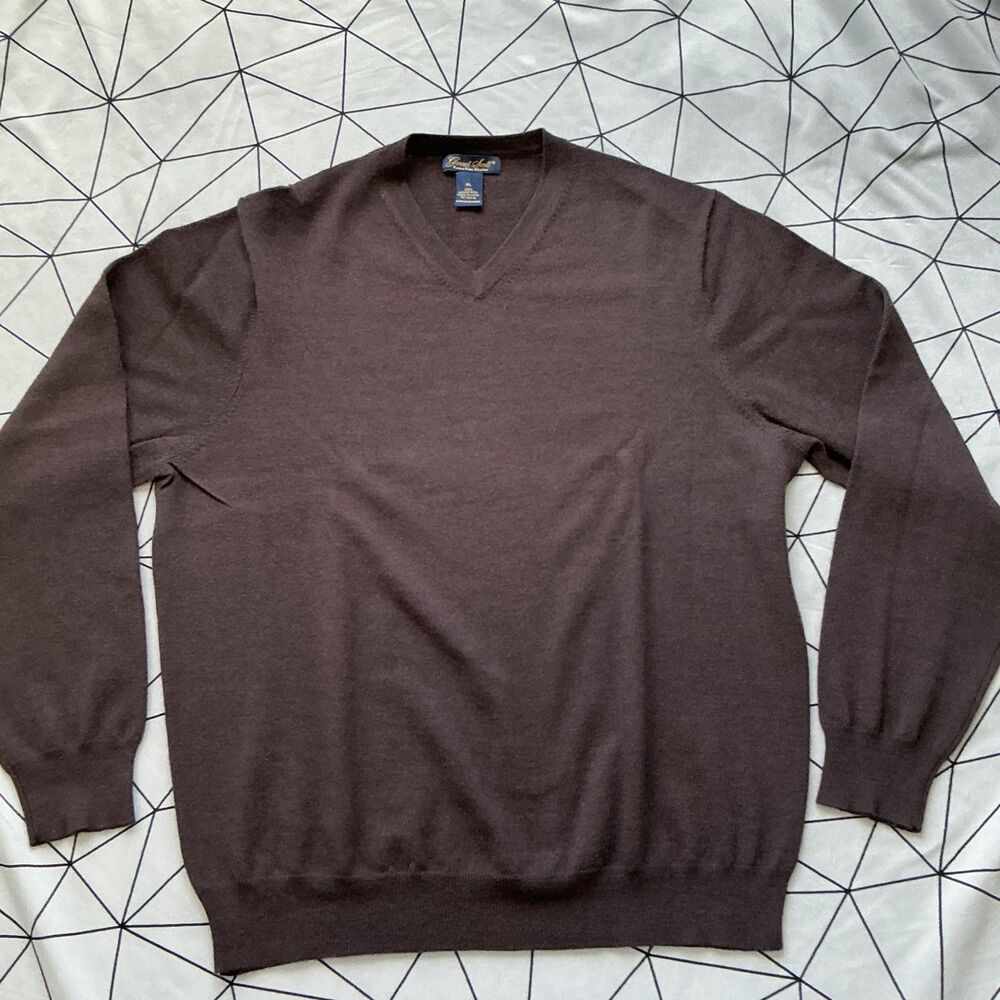 100% Merino Wool V Neck Sweater Mens XL Brown Garret Scott Fine Knit Jumper